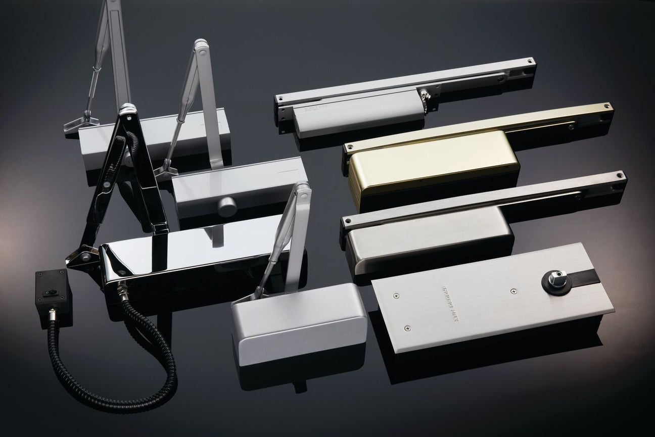 Image showing a range of door closers made by EuroSpec.  Available to order from Trade Door Handles in Kendal