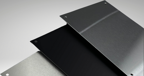 This is an image showing a range of kickplates from Zoo Hardware in Polished Stainless Steel, Satin Stainless Steel and Matt Black
