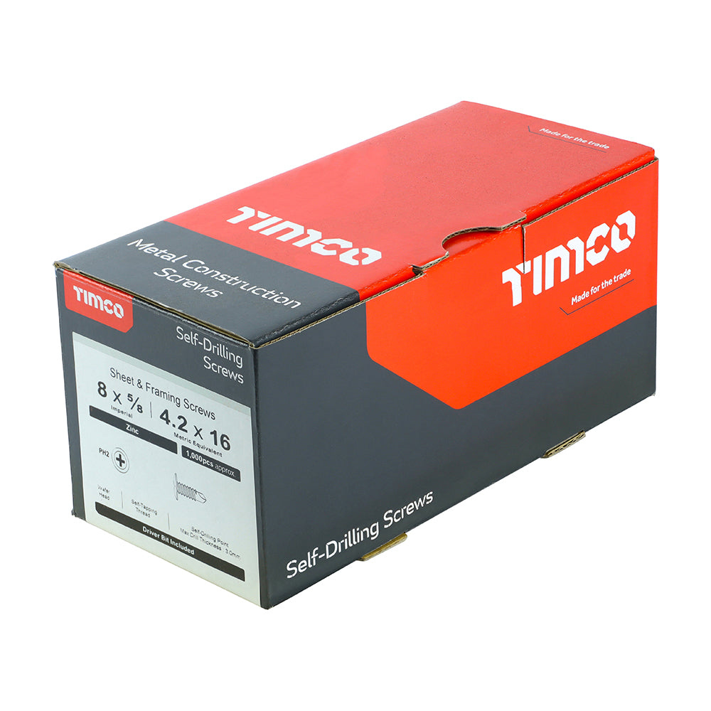 This is an image of Timco - Metal Construction Sheet & Framing Screws - PH - Wafer - Self-Drilling - Zinc 4.2 x 16mm - (1000 PCS Box) 00016WHSD