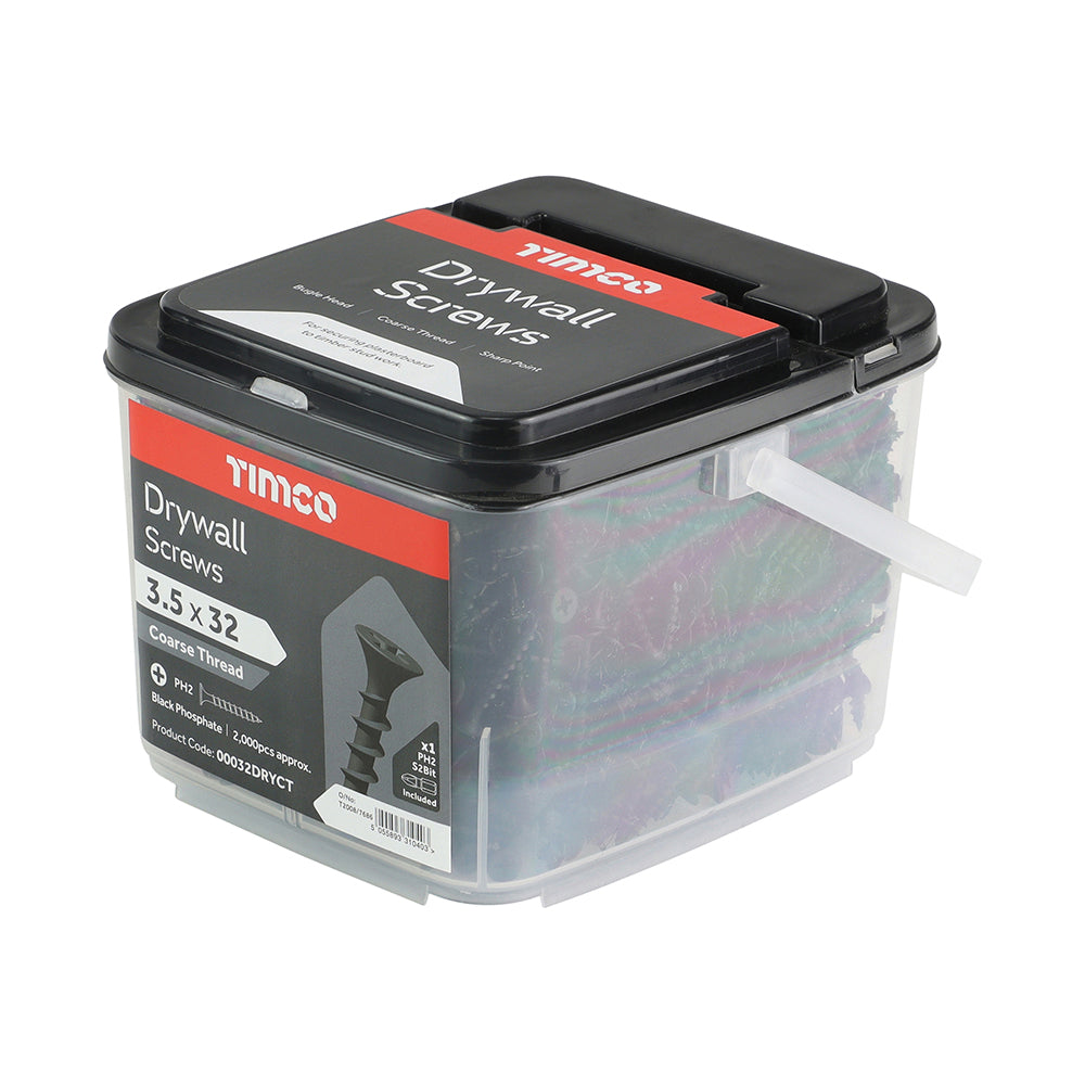 This is an image of Timco - Drywall Screws - PH - Bugle - Coarse Thread - Black 3.5 x 32mm - (2000 PCS Tub) 00032DRYCT