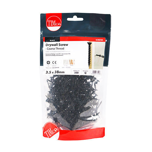 This is an image of Timco - Drywall Screws - Coarse Thread - PH - Bugle - Black 3.5 x 38mm - (350 PCS TIMbag) 00038DRYCB