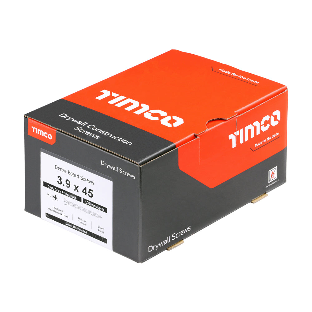 This is an image of Timco - Drywall Dense Board Screws - PH - Reduced Countersunk - High-Low Thread - Black 3.9 x 45mm - (1000 PCS Box) 00045DRYD