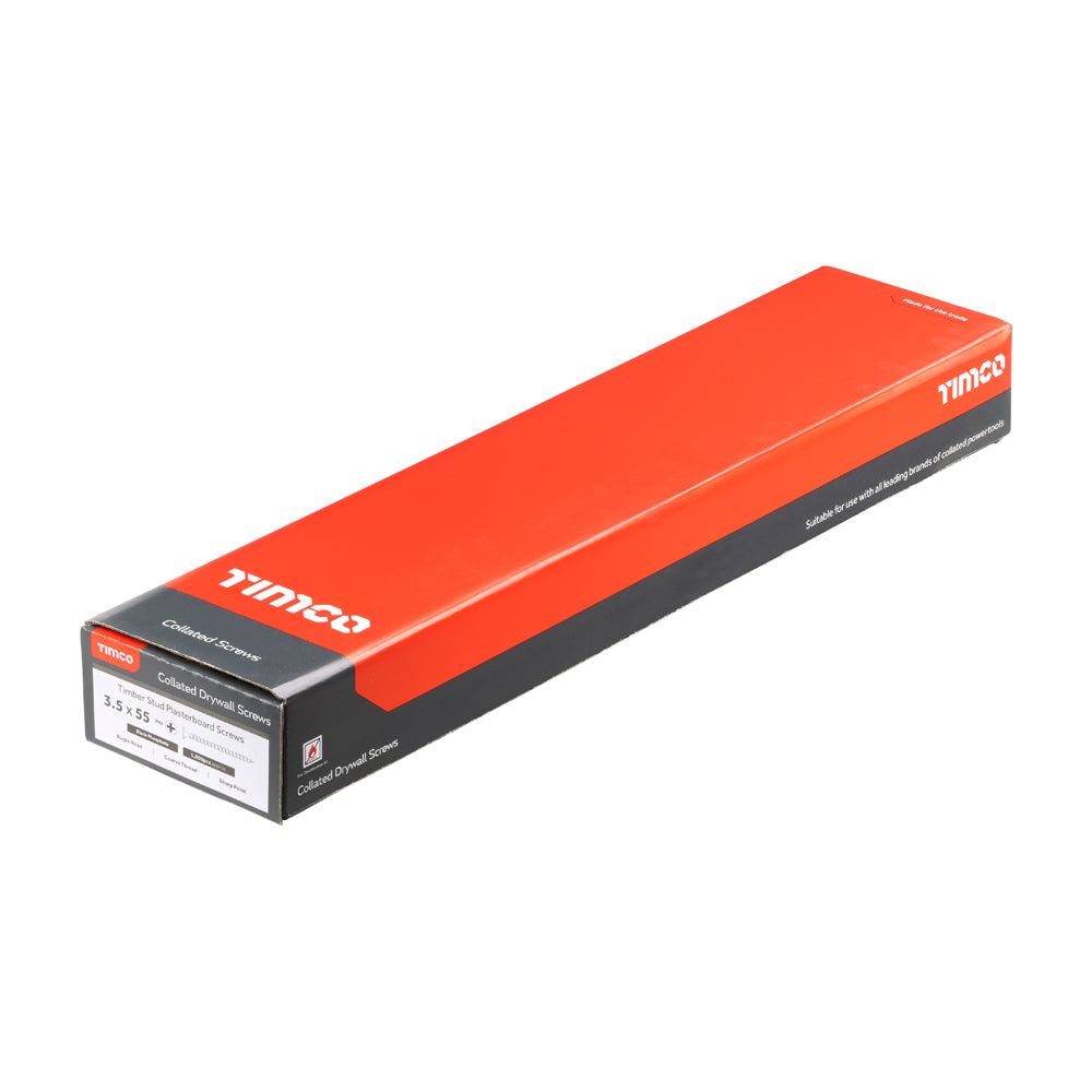 This is an image of Timco - Collated Drywall Screws - PH - Bugle - Coarse Thread - Black 3.5 x 55mm - (1000 PCS Box) 00055COLDYS