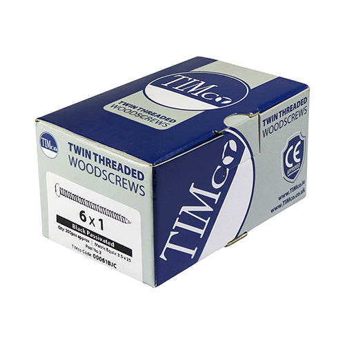 This is an image of Timco - Blackjax Woodscrews - PZ - Round - Black Organic 6 x 1" - (200 PCS Box) 00061BJC