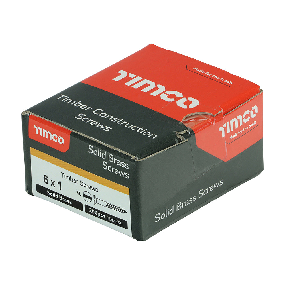 This is an image of Timco - Solid Brass Timber Screws - SLOT - Countersunk 6 x 1" - (200 PCS Box) 00061CBS