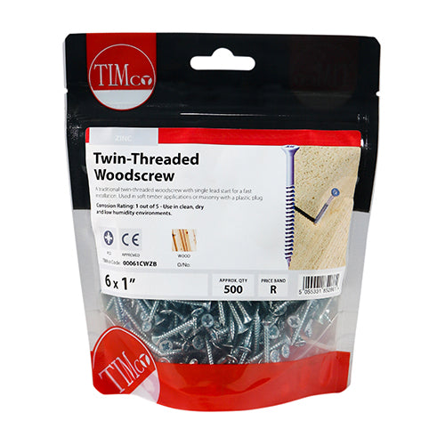 This is an image of Timco - Twin-Thread Woodscrews - PZ - Double Countersunk - Zinc 6 x 1" - (500 PCS TIMbag) 00061CWZB
