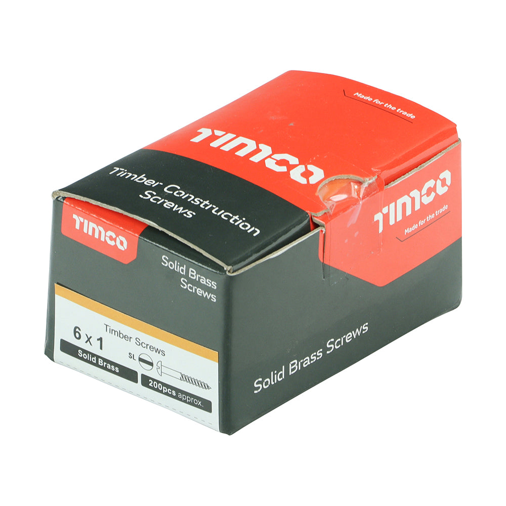 This is an image of Timco - Solid Brass Timber Screws - SLOT - Round 6 x 1" - (200 PCS Box) 00061RBS