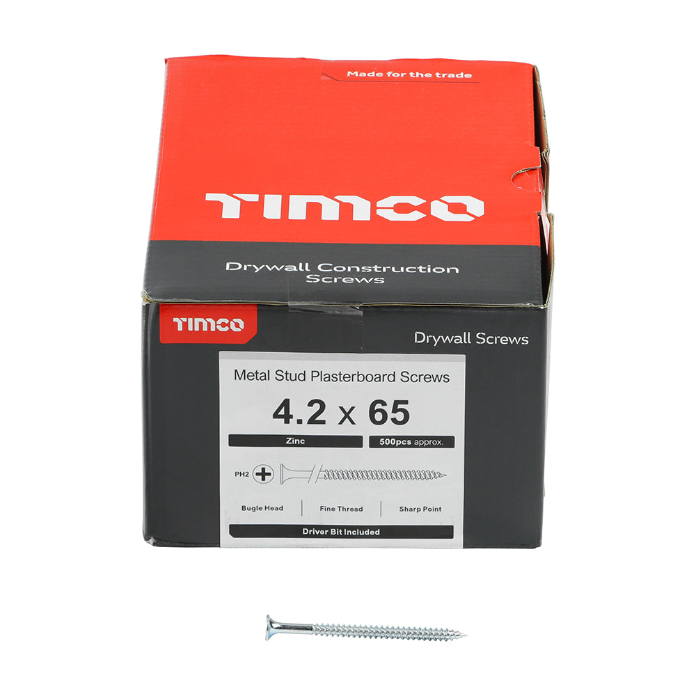 This is an image of Timco - Drywall Screws - PH - Bugle - Fine Thread - Zinc 4.2 x 65mm - (500 PCS Box) 00065DRYZ