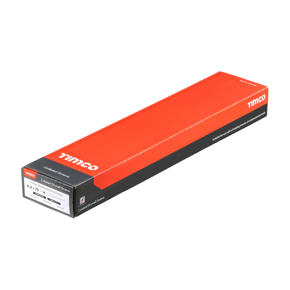 This is an image of Timco - Collated Drywall Screws - PH - Bugle - Coarse Thread - Black 4.2 x 75mm - (500 PCS Box) 00075COLDYS