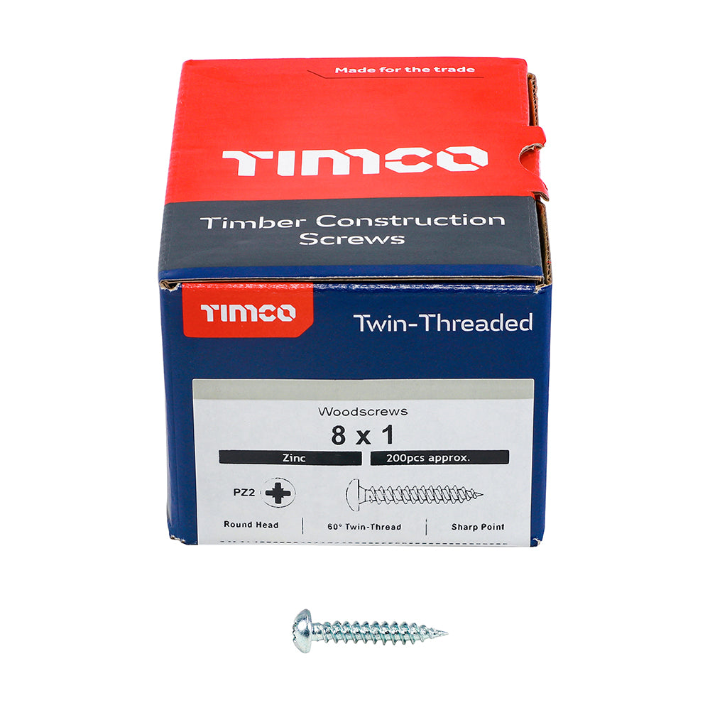 This is an image of Timco - Twin-Threaded Woodscrews - PZ - Round - Zinc 8 x 1" - (200 PCS Box) 00081CRWZ