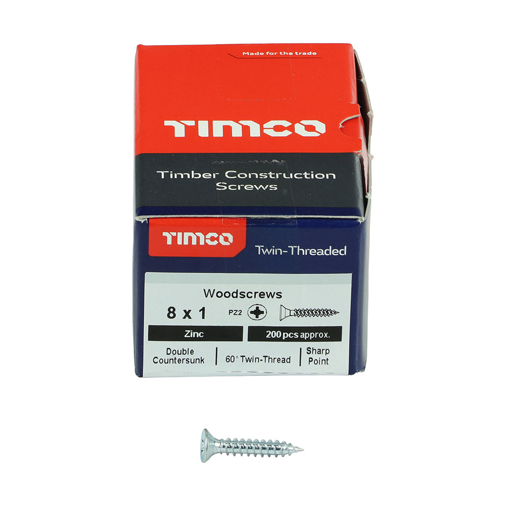 This is an image of Timco - Twin-Threaded Woodscrews - PZ - Double Countersunk - Zinc 8 x 1" - (200 PCS Box) 00081CWZ