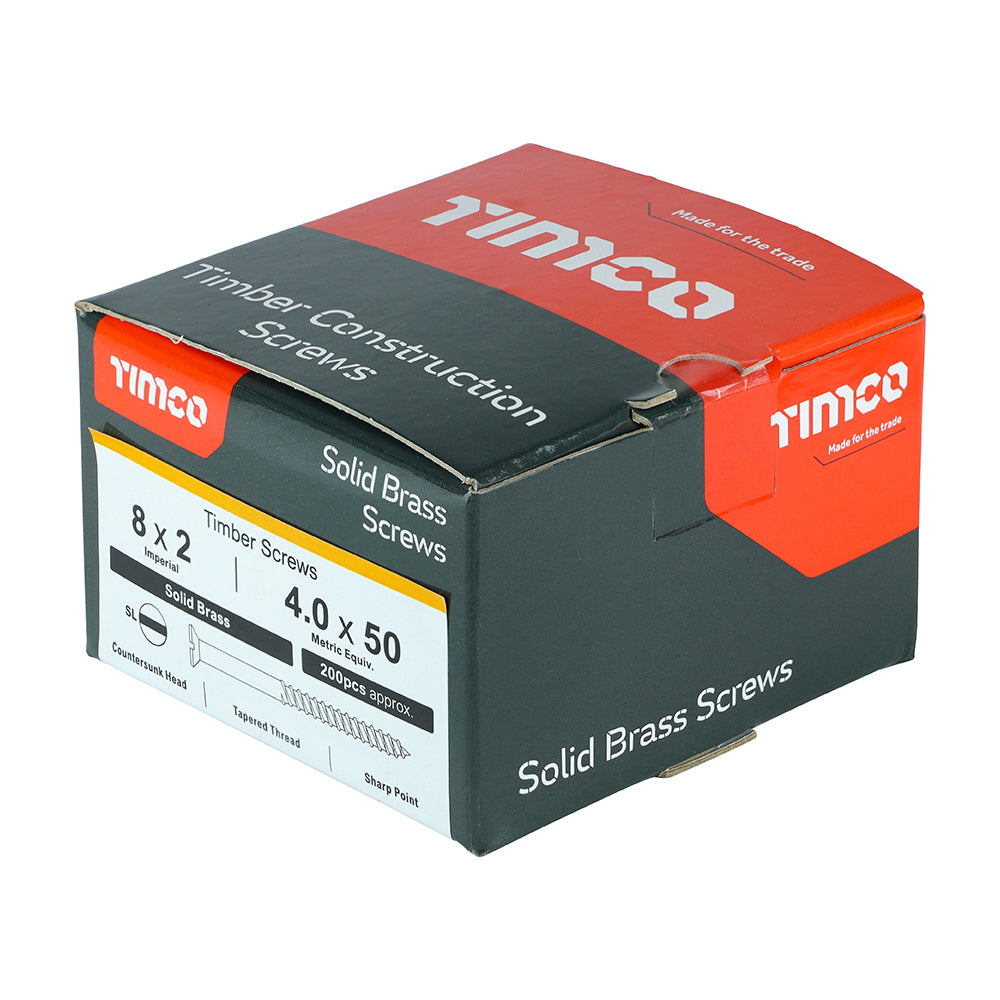 This is an image of Timco - Solid Brass Timber Screws - SLOT - Countersunk 8 x 2" - (200 PCS Box) 00082CBS