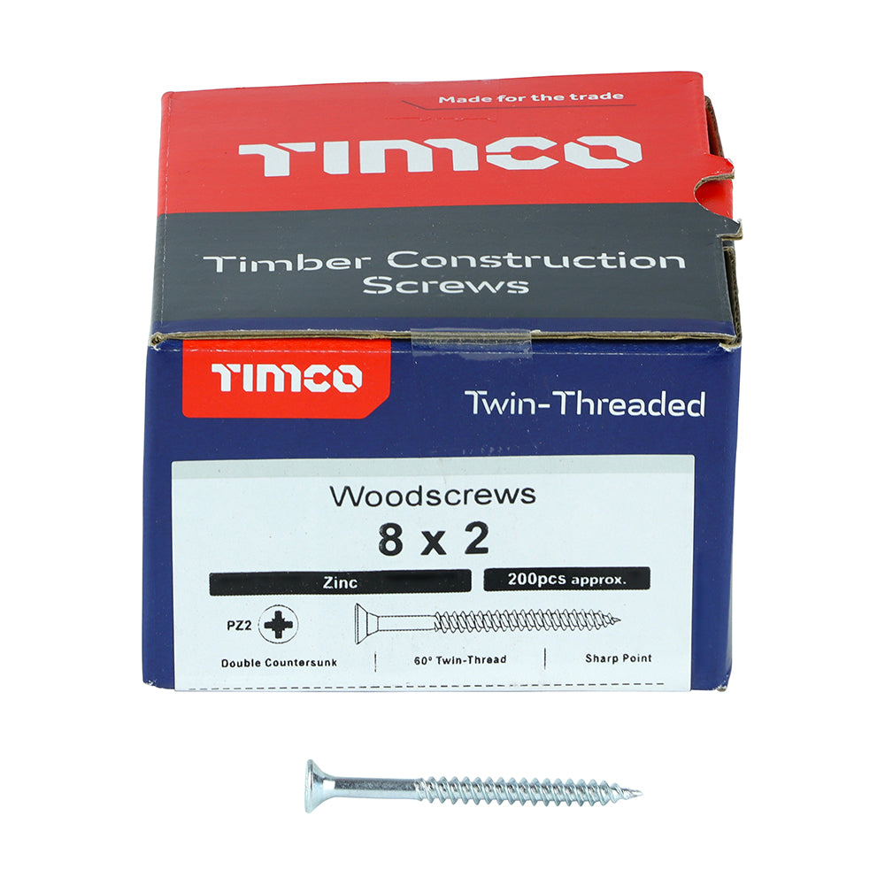 This is an image of Timco - Twin-Threaded Woodscrews - PZ - Double Countersunk - Zinc 8 x 2" - (200 PCS Box) 00082CWZ