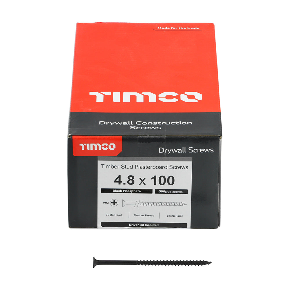 This is an image of Timco - Drywall Screws - PH - Bugle - Coarse Thread - Grey 4.8 x 100mm - (500 PCS Box) 00100DRYC