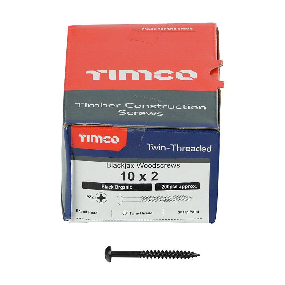 This is an image of Timco - Blackjax Woodscrews - PZ - Round - Black Organic 10 x 2" - (200 PCS Box) 00102BJC