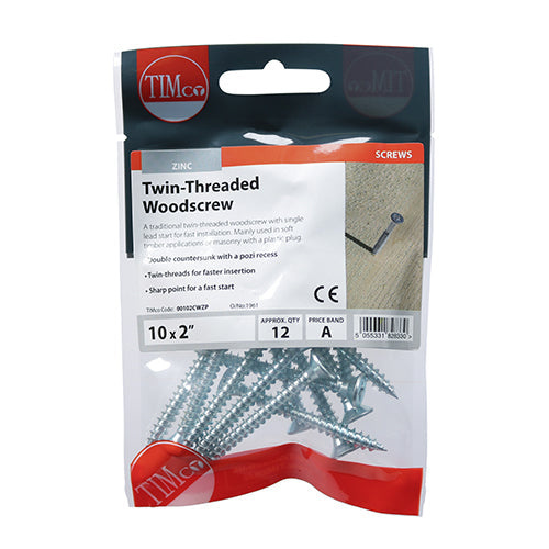 This is an image of Timco - Twin-Thread Woodscrews - PZ - Double Countersunk - Zinc 10 x 2" - (12 PCS TIMpac) 00102CWZP
