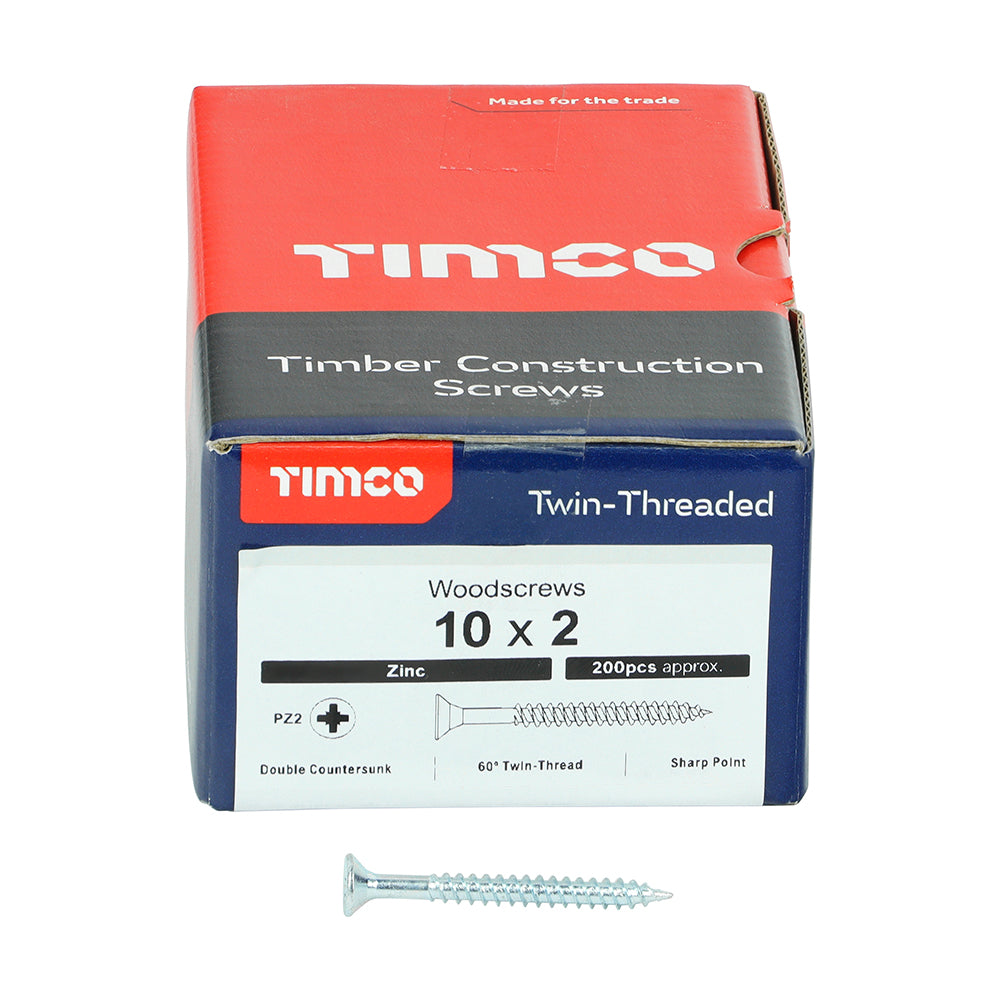 This is an image of Timco - Twin-Threaded Woodscrews - PZ - Double Countersunk - Zinc 10 x 2" - (200 PCS Box) 00102CWZ