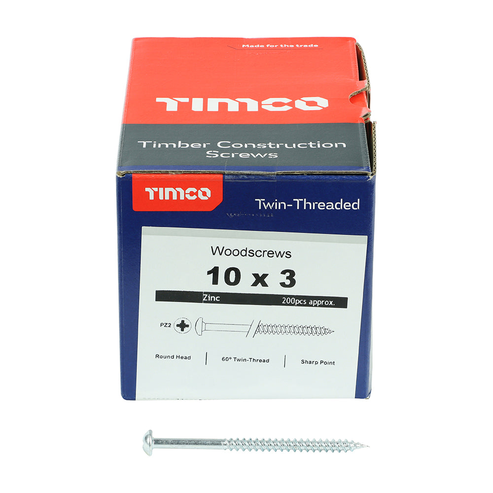 This is an image of Timco - Twin-Threaded Woodscrews - PZ - Round - Zinc 10 x 3" - (200 PCS Box) 00103CRWZ