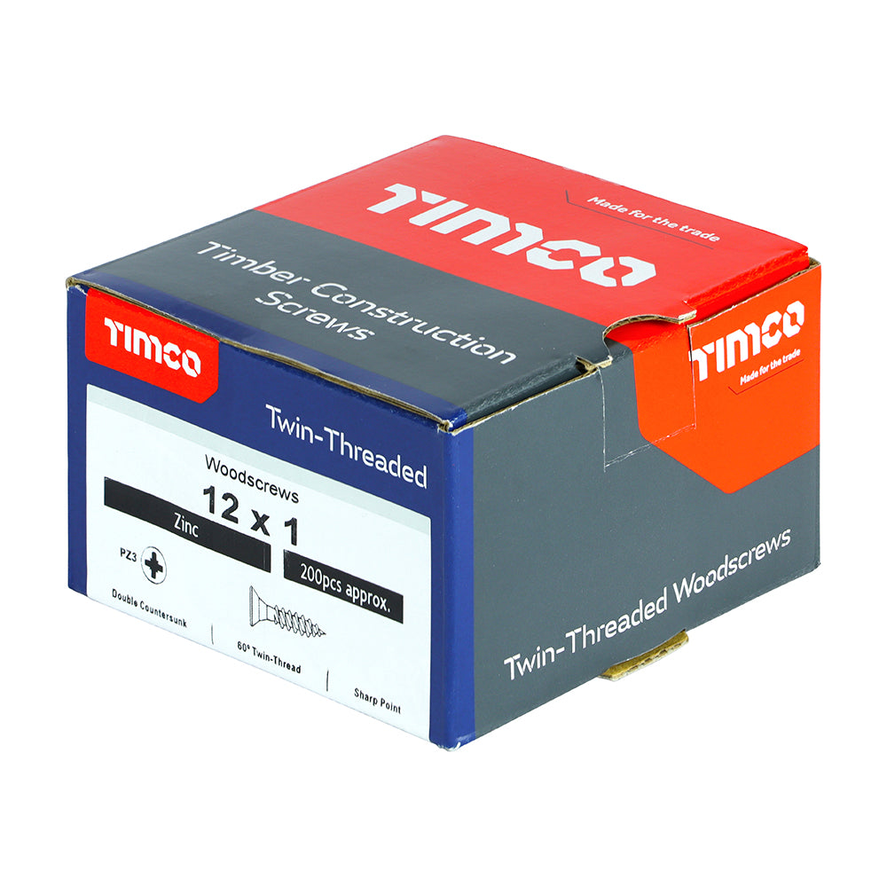 This is an image of Timco - Twin-Threaded Woodscrews - PZ - Double Countersunk - Zinc 12 x 1" - (200 PCS Box) 00121CWZ