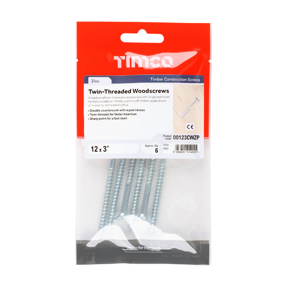 This is an image of Timco - Twin-Threaded Woodscrews - PZ - Double Countersunk - Zinc 12 x 3" - (6 PCS TIMpac) 00123CWZP