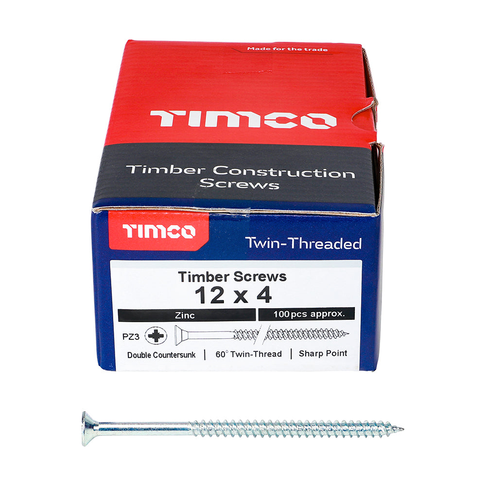 This is an image of Timco - Twin-Threaded Woodscrews - PZ - Double Countersunk - Zinc 12 x 4" - (100 PCS Box) 00124CWZ