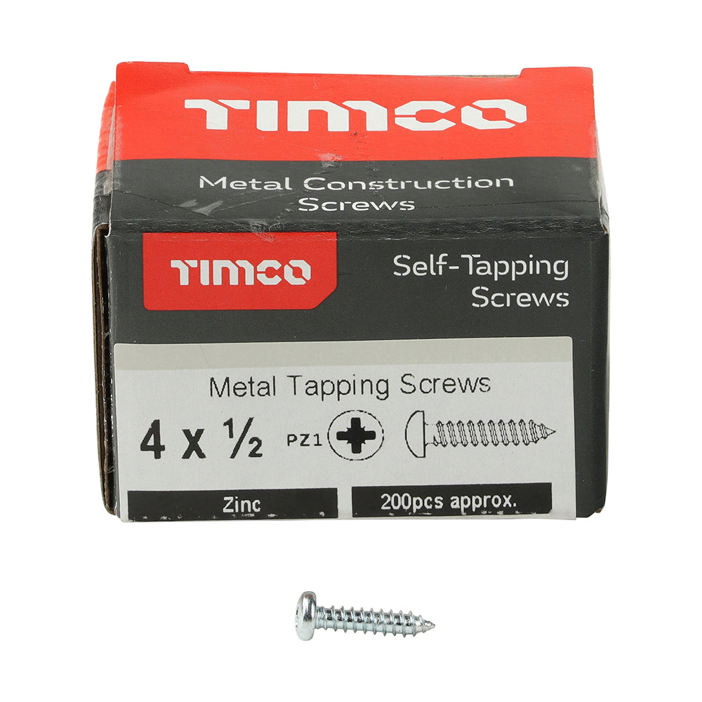 This is an image of Timco - Self-Tapping Screws - PZ - Pan - Zinc 4 x 1/2" - (200 PCS Box) 00412CPAZS
