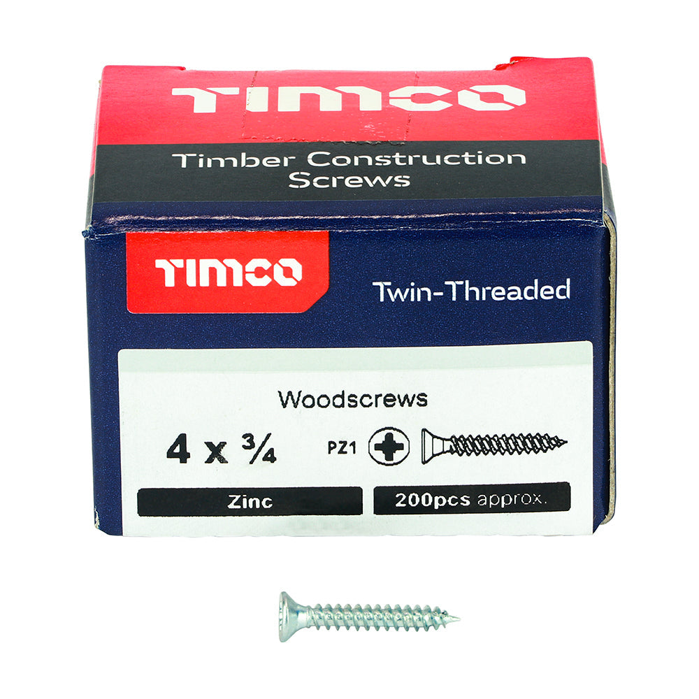 This is an image of Timco - Twin-Threaded Woodscrews - PZ - Double Countersunk - Zinc 4 x 3/4" - (200 PCS Box) 00434CWZ