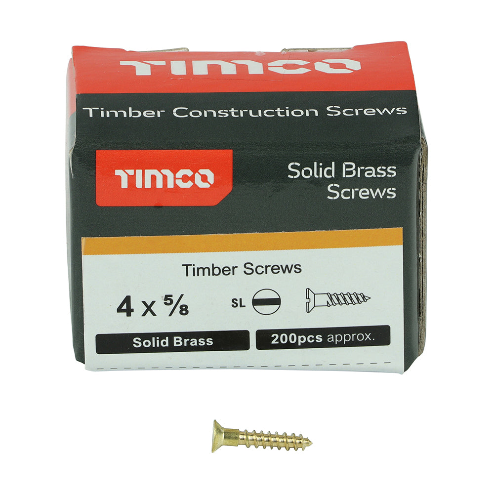 This is an image of Timco - Solid Brass Timber Screws - SLOT - Countersunk 4 x 5/8" - (200 PCS Box) 00458CBS