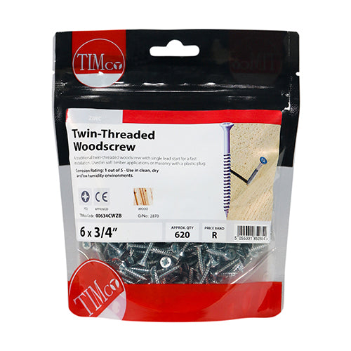 This is an image of Timco - Twin-Thread Woodscrews - PZ - Double Countersunk - Zinc 6 x 3/4" - (620 PCS TIMbag) 00634CWZB