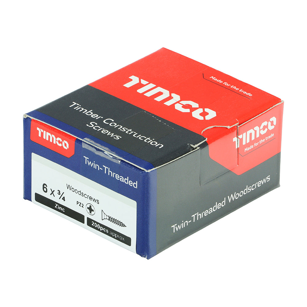 This is an image of Timco - Twin-Threaded Woodscrews - PZ - Double Countersunk - Zinc 6 x 3/4" - (200 PCS Box) 00634CWZ
