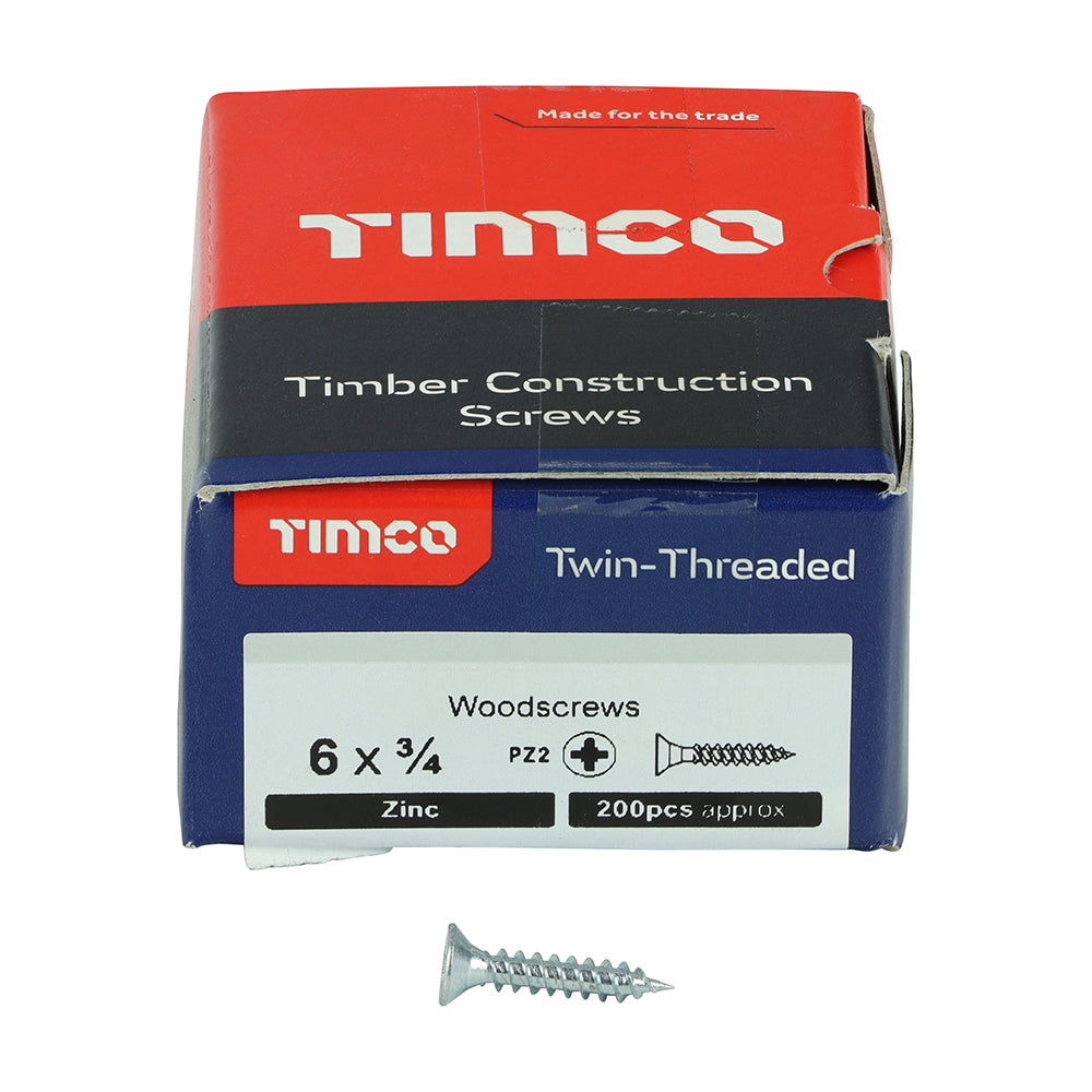 This is an image of Timco - Twin-Threaded Woodscrews - PZ - Double Countersunk - Zinc 6 x 3/4" - (200 PCS Box) 00634CWZ