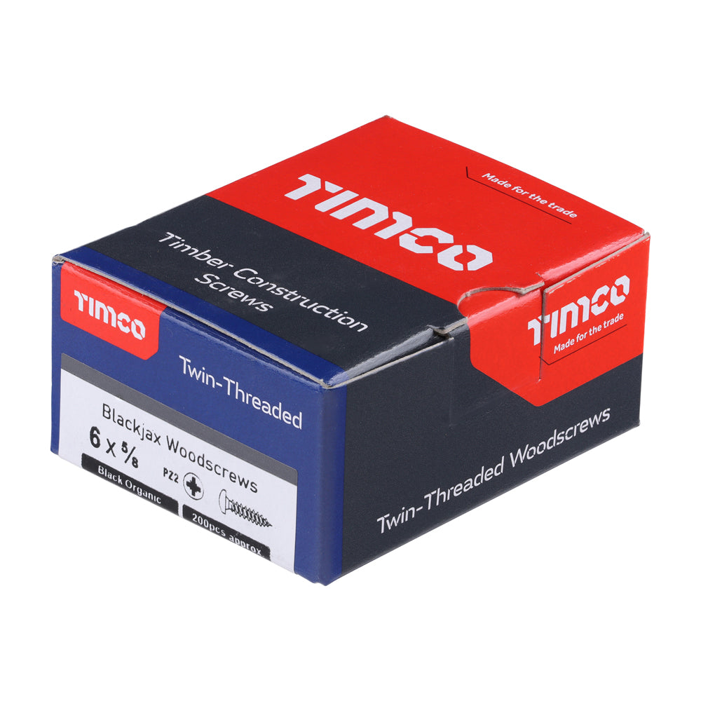 This is an image of Timco - Blackjax Woodscrews - PZ - Round - Black Organic 6 x 5/8" - (200 PCS Box) 00658BJC