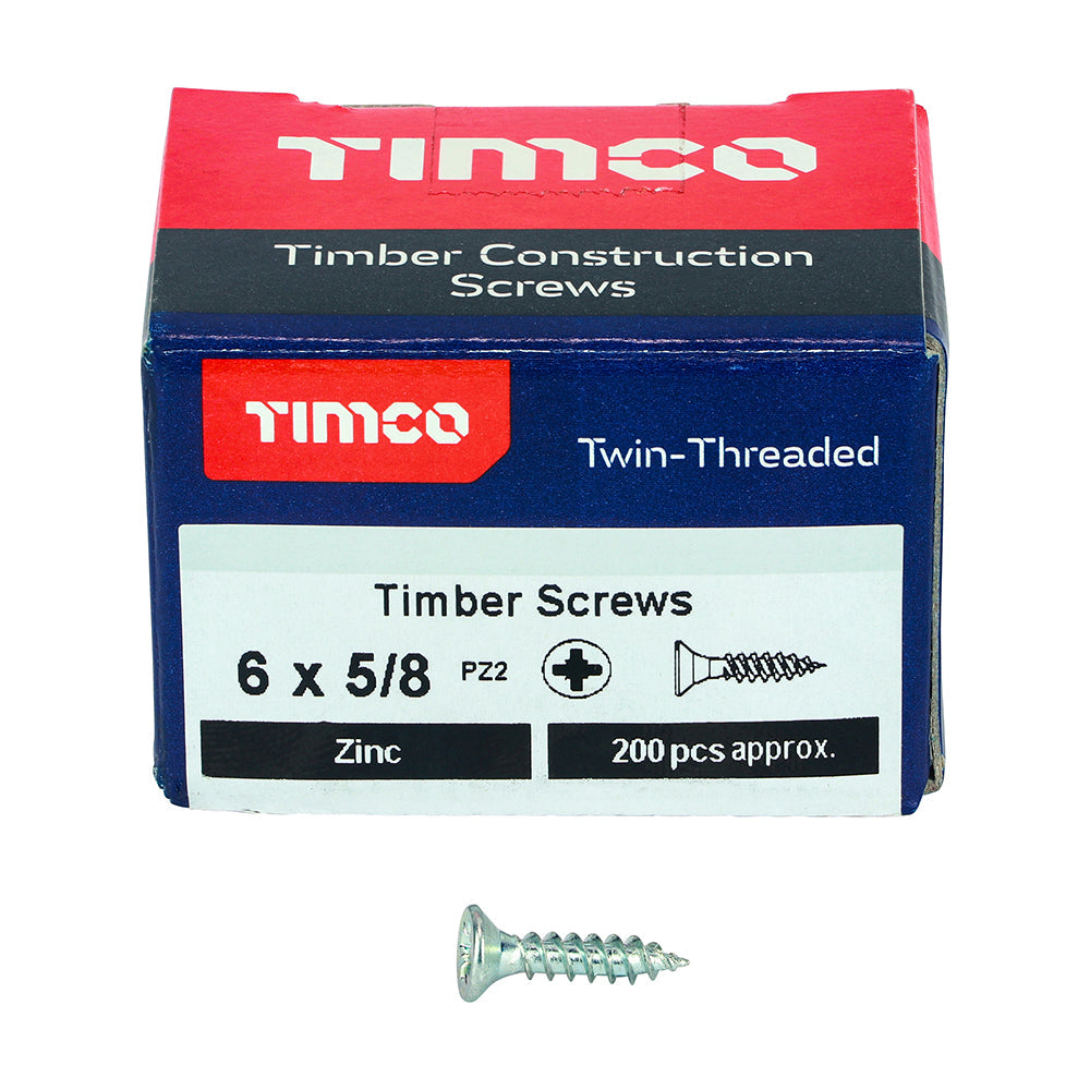 This is an image of Timco - Twin-Threaded Woodscrews - PZ - Double Countersunk - Zinc 6 x 5/8" - (200 PCS Box) 00658CWZ