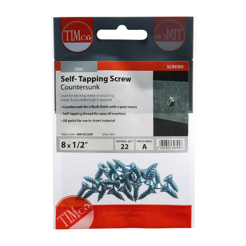 This is an image of Timco - Self-Tapping Screws - PZ - Countersunk - Zinc 8 x 1/2" - (22 PCS TIMpac) 00812CCAZP