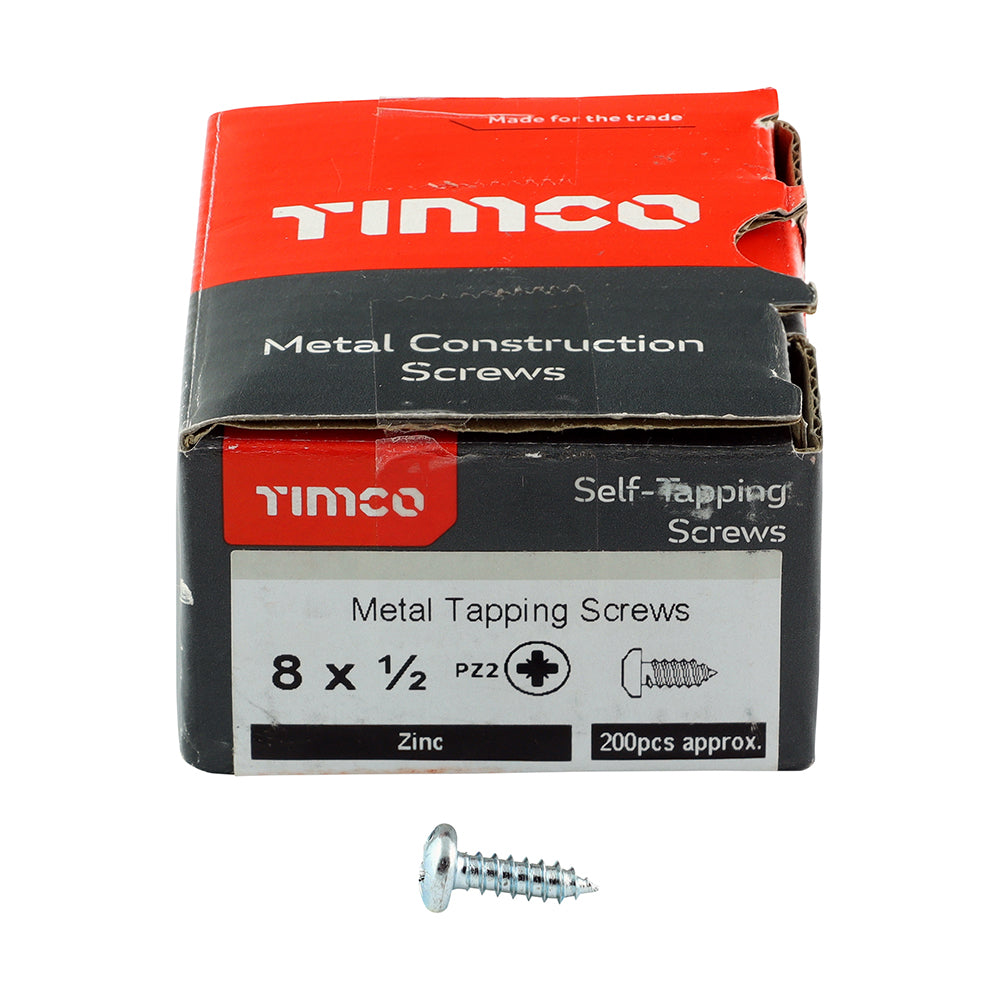 This is an image of Timco - Self-Tapping Screws - PZ - Pan - Zinc 8 x 1/2" - (200 PCS Box) 00812CPAZS