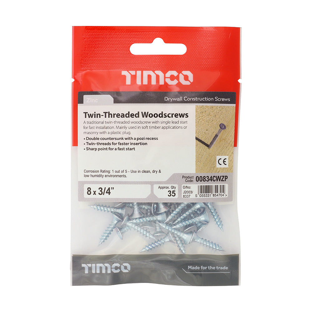 This is an image of Timco - Twin-Thread Woodscrews - PZ - Double Countersunk - Zinc 8 x 3/4" - (35 PCS TIMpac) 00834CWZP