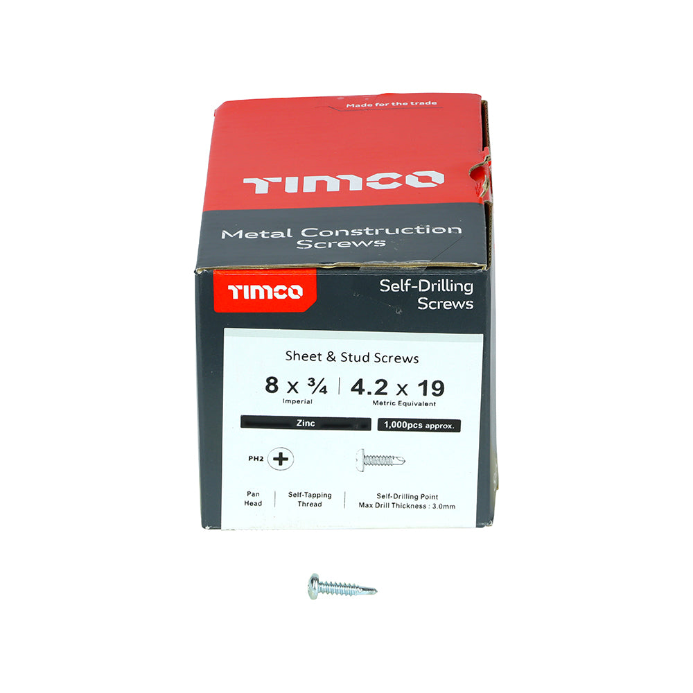This is an image of Timco - Metal Construction Sheet & Stud Screws - PH - Pan - Self-Drilling - Zinc 8 x 3/4" - (1000 PCS Box) 00834PPSD