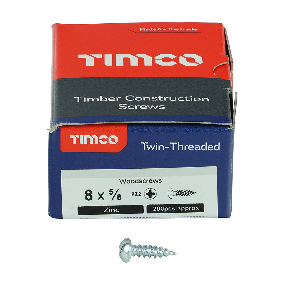 This is an image of Timco - Twin-Threaded Woodscrews - PZ - Round - Zinc 8 x 5/8" - (200 PCS Box) 00858CRWZ