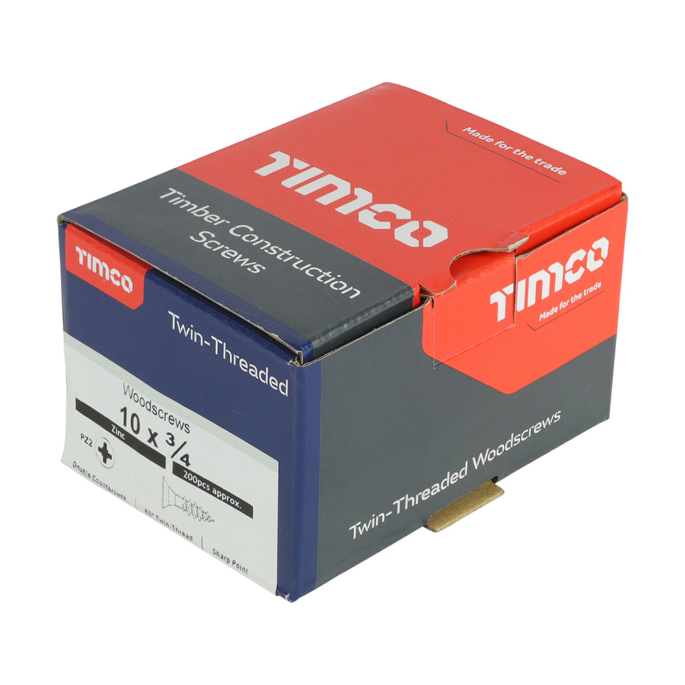 This is an image of Timco - Twin-Threaded Woodscrews - PZ - Double Countersunk - Zinc 10 x 3/4" - (200 PCS Box) 01034CWZ