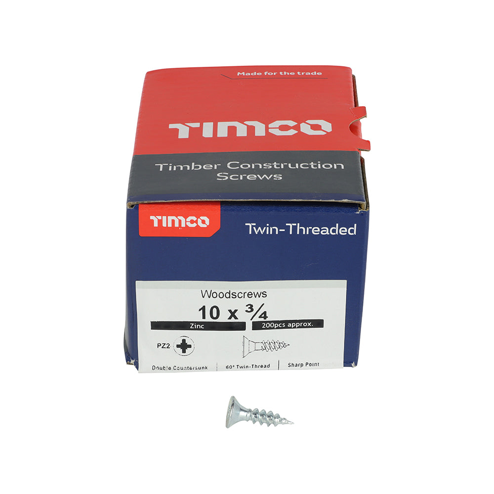 This is an image of Timco - Twin-Threaded Woodscrews - PZ - Double Countersunk - Zinc 10 x 3/4" - (200 PCS Box) 01034CWZ