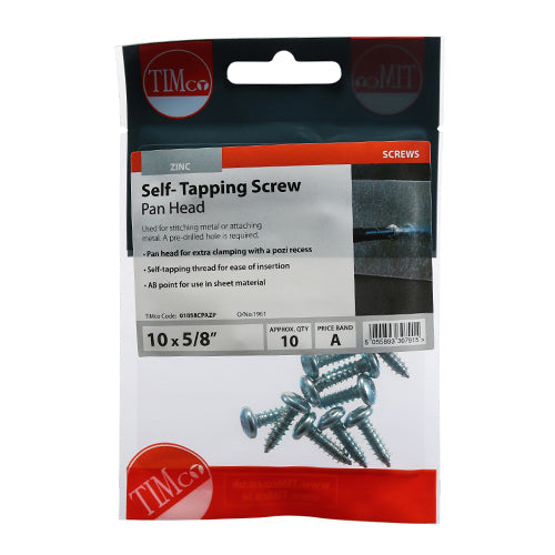 This is an image of Timco - Self-Tapping Screws - PZ - Pan - Zinc 10 x 5/8" - (10 PCS TIMpac) 01058CPAZP