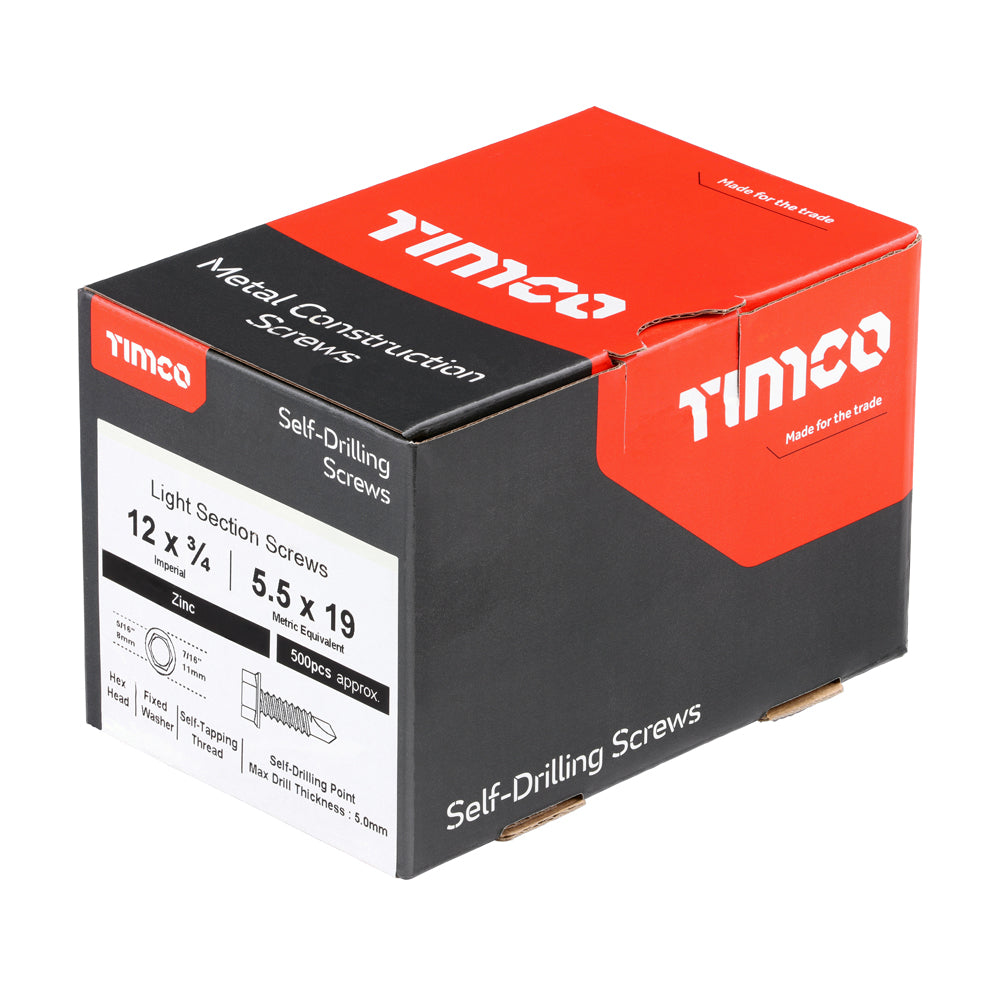 This is an image of Timco - Metal Construction Light Section Screws - Hex - Self-Drilling - Zinc 12 x 3/4" - (500 PCS Box) 01234HWSD