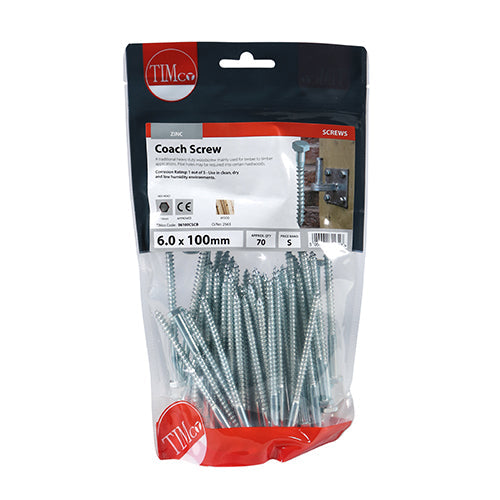 This is an image of Timco - Coach Screws - Hex - Zinc 6.0 x 100mm - (70 PCS TIMbag) 06100CSCB