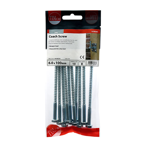 This is an image of Timco - Coach Screws - Hex - Zinc 6.0 x 100mm - (10 PCS TIMpac) 06100CSCP