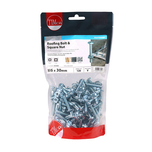 This is an image of Timco - Roofing Bolts & Square Nuts - Zinc M6 x 30mm - (120 PCS TIMbag) 0630RBB