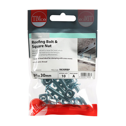 This is an image of Timco - Roofing Bolts & Square Nuts - Zinc M6 x 30mm - (10 PCS TIMpac) 0630RBP