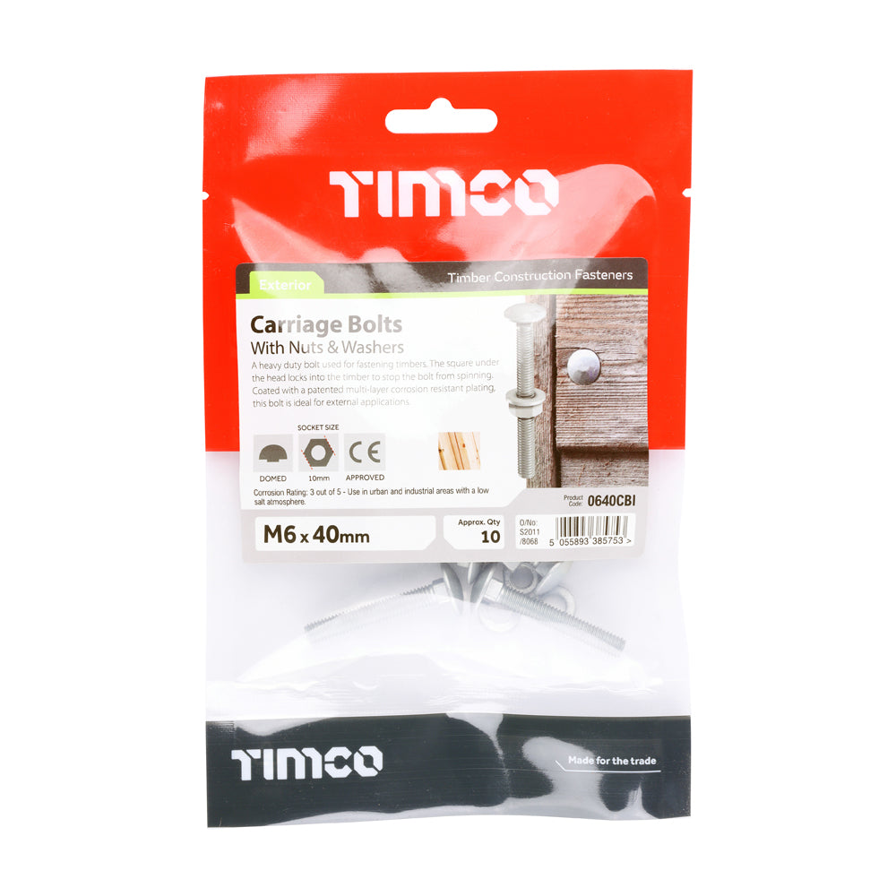 This is an image of Timco - Carriage Bolts Hex Nuts & Form A Washers - Dome - Exterior - Silver M6 x 40mm - (10 PCS TIMbag) 0640CBI