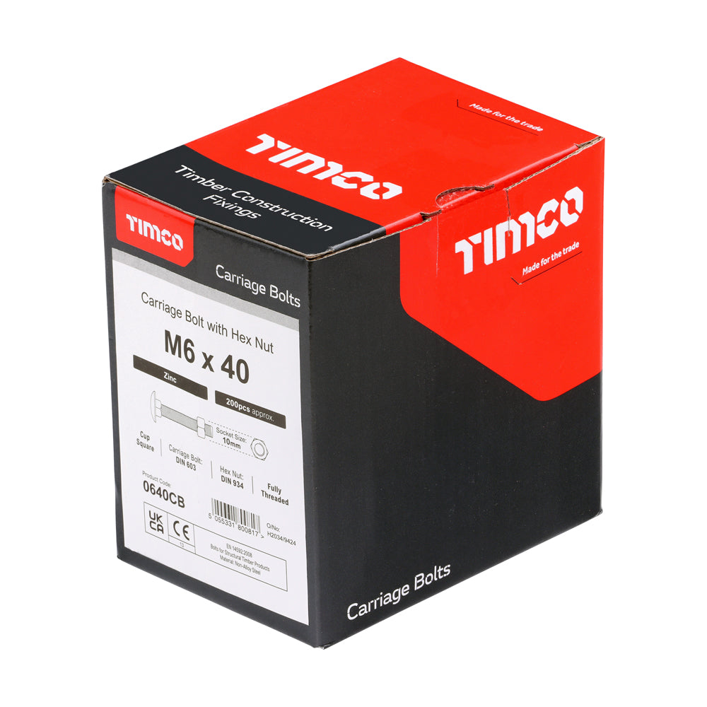 This is an image of Timco - Carriage Bolts & Hex Nuts - Zinc M6 x 40mm - (200 PCS Box) 0640CB
