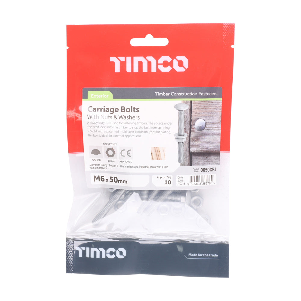This is an image of Timco - Carriage Bolts Hex Nuts & Form A Washers - Dome - Exterior - Silver M6 x 50mm - (10 PCS TIMbag) 0650CBI