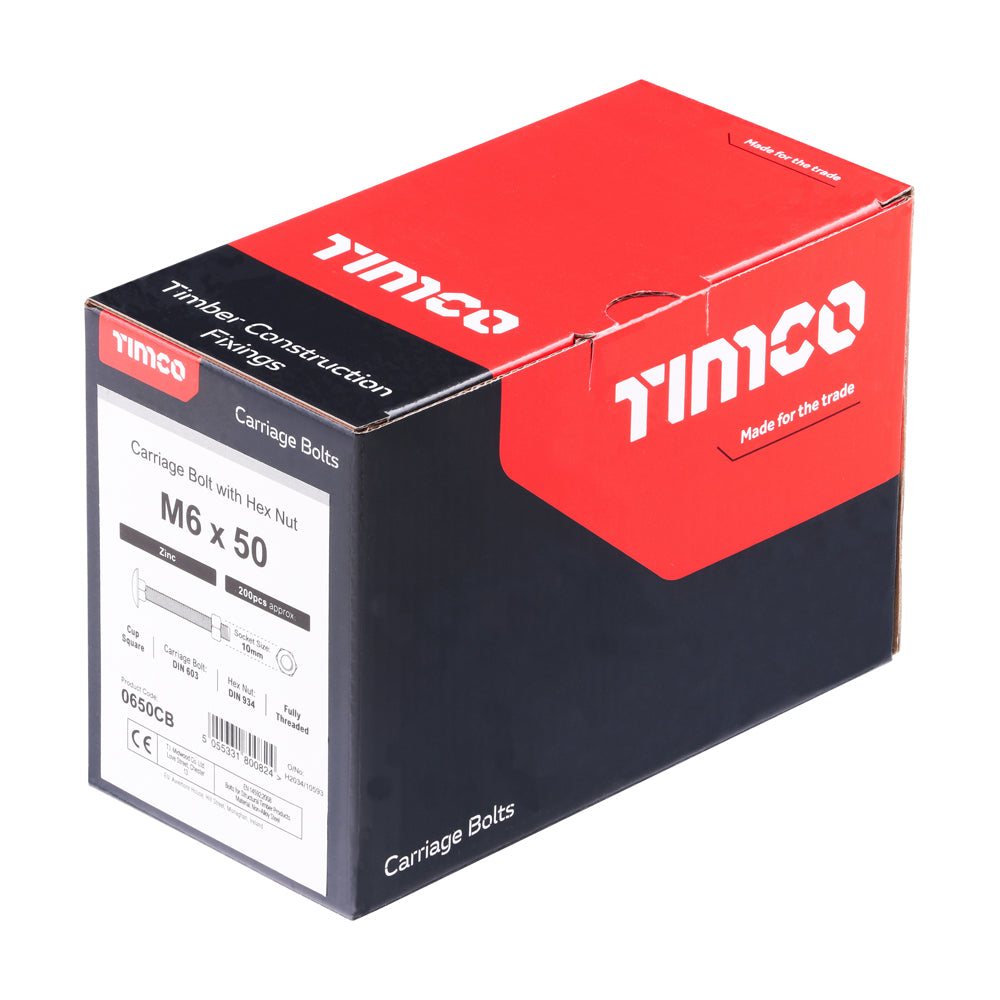This is an image of Timco - Carriage Bolts & Hex Nuts - Zinc M6 x 50mm - (200 PCS Box) 0650CB